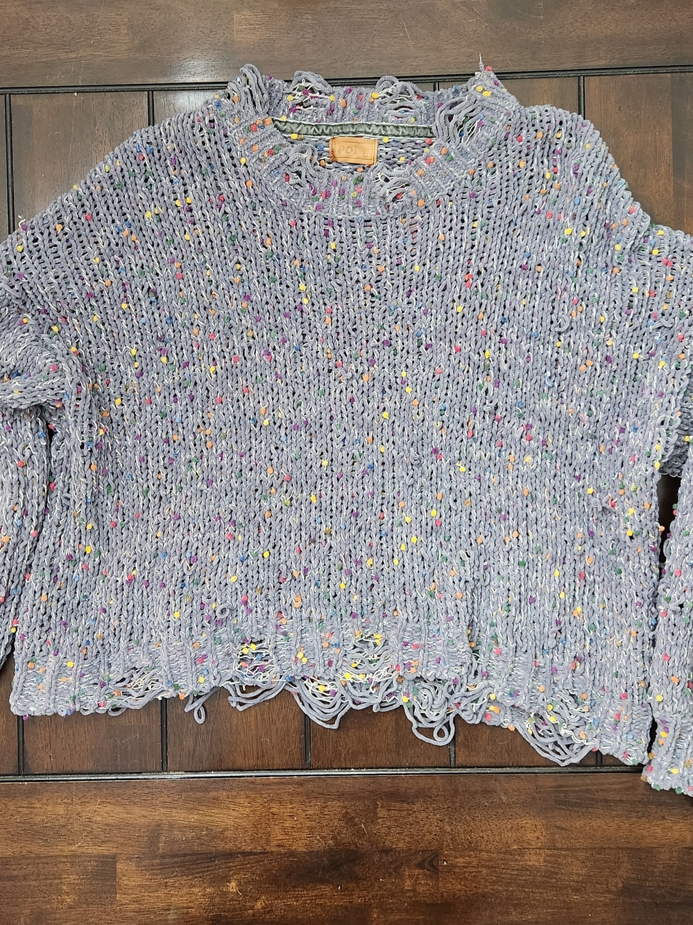POL Lavender Speckled Distressed Crewneck Sweater